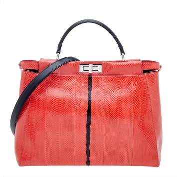 Pre Owned Fendi Orange/Black Watersnake Large Peekaboo Top Handle Bag
