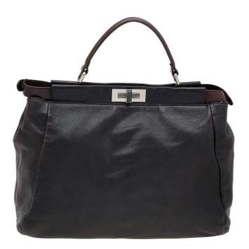 Pre Owned Fendi Black/Dark Brown Leather Large Peekaboo Top Handle Bag