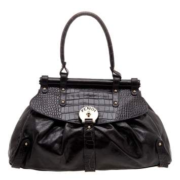 Pre Owned Fendi Brown Croc Embossed Leather Magic Top Handle Bag