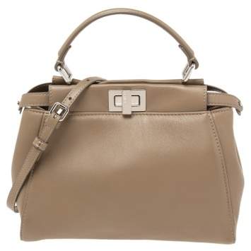 Pre Owned Fendi Beige Leather Mini Peekaboo Top Handle Bag