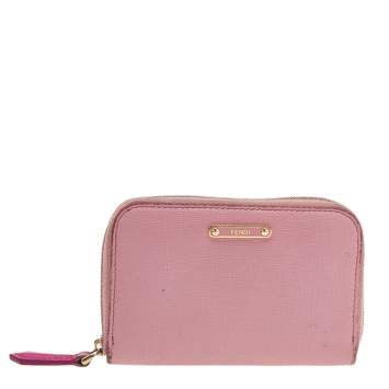 Pre Owned Fendi Pink Leather Zip Around Compact Wallet