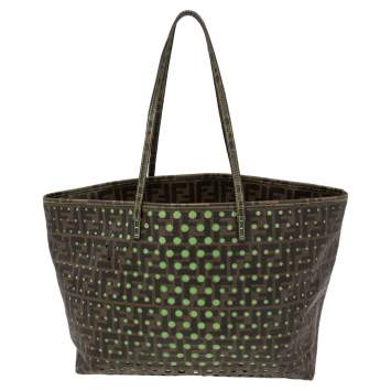 Pre Owned Fendi Perforated Tobacco Zucca Coated Canvas Spalmati Roll Shopper Tote