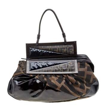 Pre Owned Fendi Tobacco Patent Leather and Zucca Canvas To You Top Handle Bag