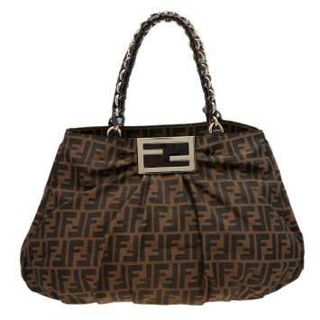 Pre Owned Fendi Tobacco Zucca Canvas and Patent Leather Large Mia Chain Tote