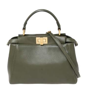 Pre Owned Fendi Olive Green Leather Mini Peekaboo Top Handle Bag