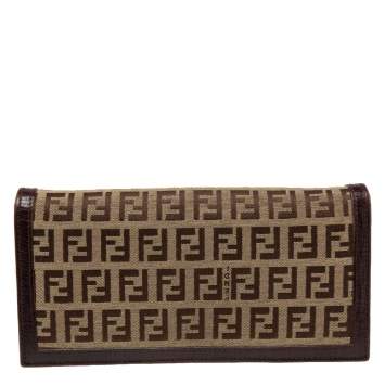 Pre Owned Fendi Beige/Brown Zucchino Canvas and Leather Flap Continental Wallet