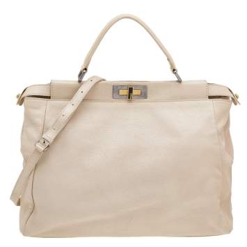 Pre Owned Fendi Cream Leather Large Peekaboo Top Handle Bag