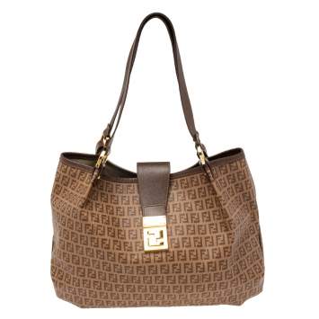 Pre Owned Fendi Brown Zucchino Coated Canvas and Leather Chiusura Tote