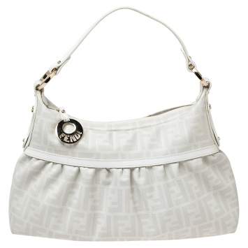 Pre Owned Fendi White FF Zucca Coated Canvas Chef Hobo