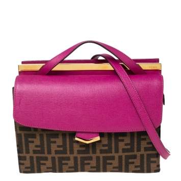 Pre Owned Fendi Fuchsia/Tobacco Zuccaa Canvas and Leather Demi Jour Top Handle Bag