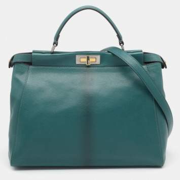 Pre Owned Fendi Green Leather Large Peekaboo Top Handle Bag