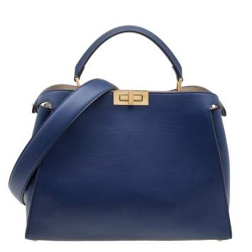 Pre Owned Fendi Navy Blue Leather Large Peekaboo Top Handle Bag