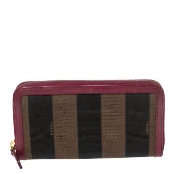 Pre Owned Fendi Magenta/Tobacco Pequin Stripe Canvas and Zip Around Continental Wallet