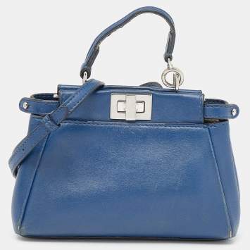 Pre Owned Fendi Blue Leather Micro Peekaboo Top Handle Bag
