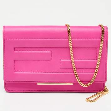 Pre Owned Fendi Hot Pink Leather Tube Wallet on Chain