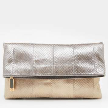 Pre Owned Fendi Metallic Grey/Beige Python Leather Fold Over Clutch