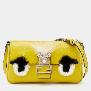 Pre Owned Fendi Yellow Leather And Fur Micro Monster Baguette