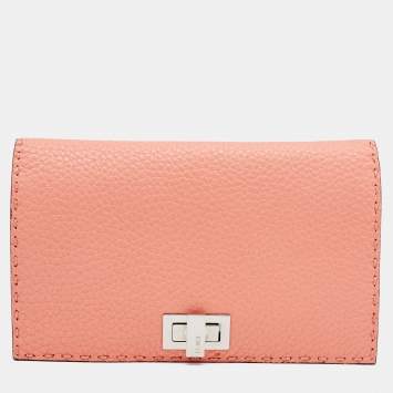 Pre Owned Fendi Peach Selleria Leather Peekaboo Wallet