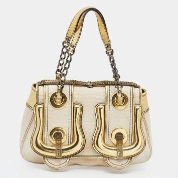 Pre Owned Fendi Beige/Gold Canvas and Patent Leather B Shoulder Bag