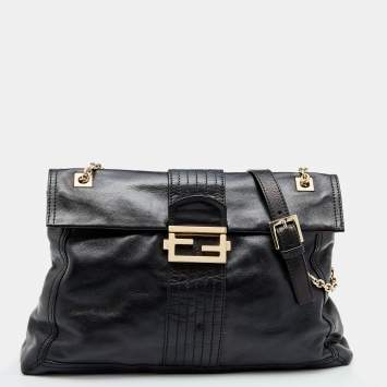 Pre Owned Fendi Black Leather Maxi Baguette Flap Shoulder Bag