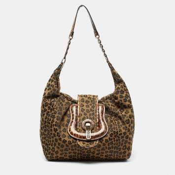 Pre Owned Fendi Brown/Black Leopard Print Canvas B Buckle Hobo