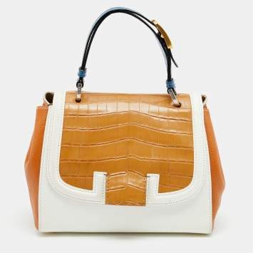 Pre Owned Fendi Multicolor Leather And Crocodile Silvana Top Handle Bag