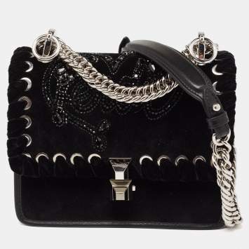 Pre Owned Fendi Black Velvet and Leather Small Kan I Logo Embellished Top Handle Bag
