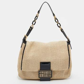 Pre Owned Fendi Beige Raffia, Patent and Python Detail Mama Forever Shoulder Bag