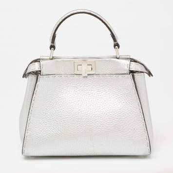 Pre Owned Fendi Silver Selleria Leather Mini Peekaboo Top Handle Bag