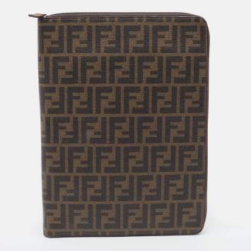 Pre Owned Fendi Tobacco Zucca Coated Canvas Zip Around Documents Holder