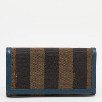 Pre Owned Fendi Brown/Blue Pequin Stripe Canvas And Leather Flap Continental Wallet