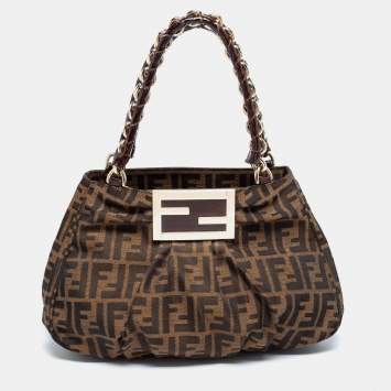 Pre Owned Fendi Tobacco Zucca Canvas and Patent Leather Small Mia Hobo