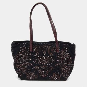 Pre Owned Fendi Black Beads Embellishment Suede and Python Tote 