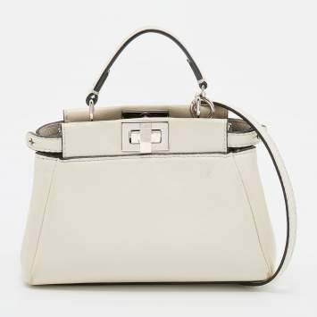 Pre Owned Fendi White Leather Micro Peekaboo Top Handle Bag
