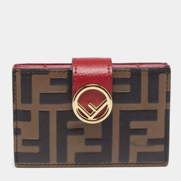 Pre Owned Fendi Tobacco/Red Zucca Leather Gusset Card Holder