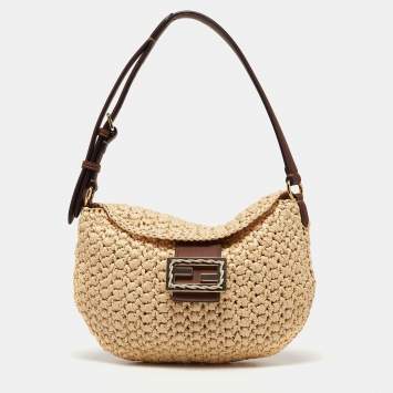 Pre Owned Fendi Beige/Brown Woven Wicker and Leather Small Croissant Hobo 