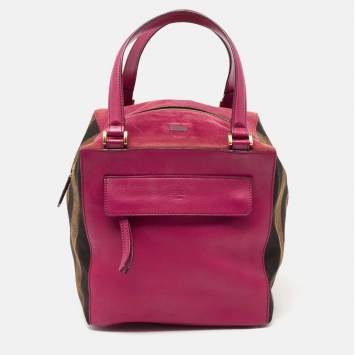 Pre Owned Fendi Fuchsia Pequin Stripe Canvas and Leather Satchel