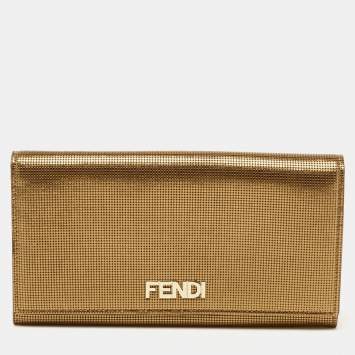 Pre Owned Fendi Metallic Bronze Leather Flap Continental Wallet