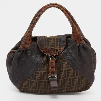 Pre Owned Fendi Tobacco Zucca Canvas And Ostrich Spy Hobo