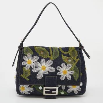 Pre Owned Fendi Blue Denim Floral Embroidered Mama Forever Flap Shoulder Bag