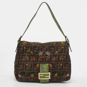 Pre Owned Fendi Tobacco/Green Zucca Canvas and Lizard Floral Beaded Mama Forever Flap Shoulder Bag