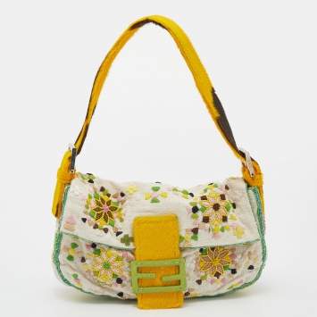 Pre Owned Fendi Multicolor Embroidered Canvas and Calf Hair Baguette Bag