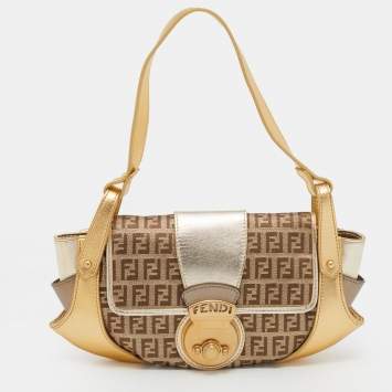 Pre Owned Fendi Metallic Gold Zucchino Canvas and Leather Compilation Bag