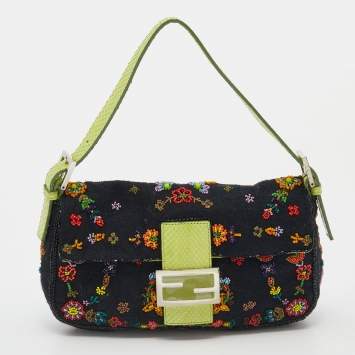 Pre Owned Fendi Multicolor Beaded Canvas and Python Baguette Bag