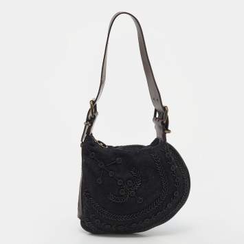 Pre Owned Fendi Black/Brown Canvas and Leather Beaded Oyster Hobo