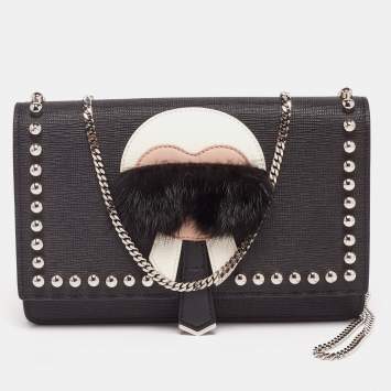 Pre Owned Fendi Black Leather Karlito Wallet on Chain Bag