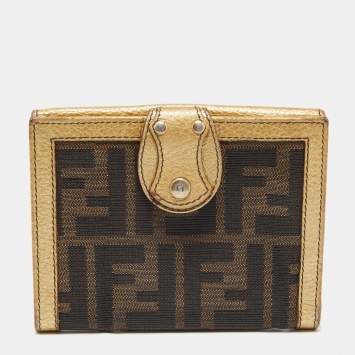 Pre Owned Fendi Tobacco/Gold Zucca Canvas and Leather French Compact Wallet