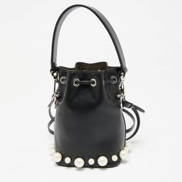 Pre Owned Fendi Black Leather Pearl Embellished Mini Mon Tresor Bucket Bag
