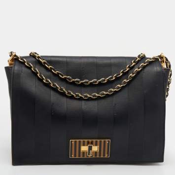 Pre Owned Fendi Black Leather Pequin Large Claudia Flap Chain Shoulder Bag