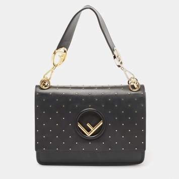 Pre Owned Fendi Black Studded Leather Kan I F Top Handle Bag